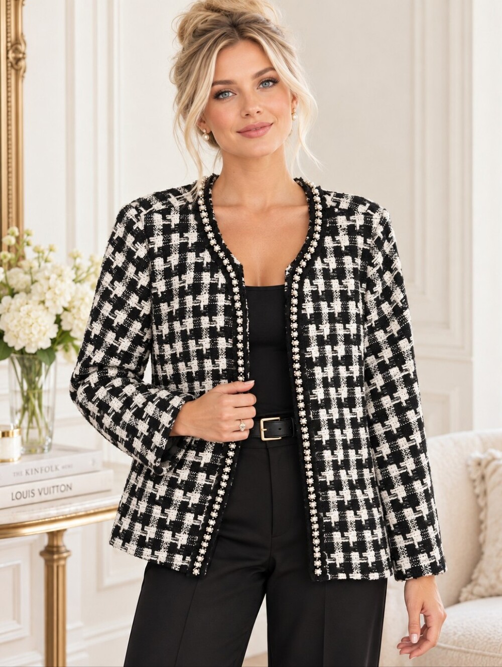 Talbots Black White Tweed Pearl Rhinestone Embellished Blazer Jacket